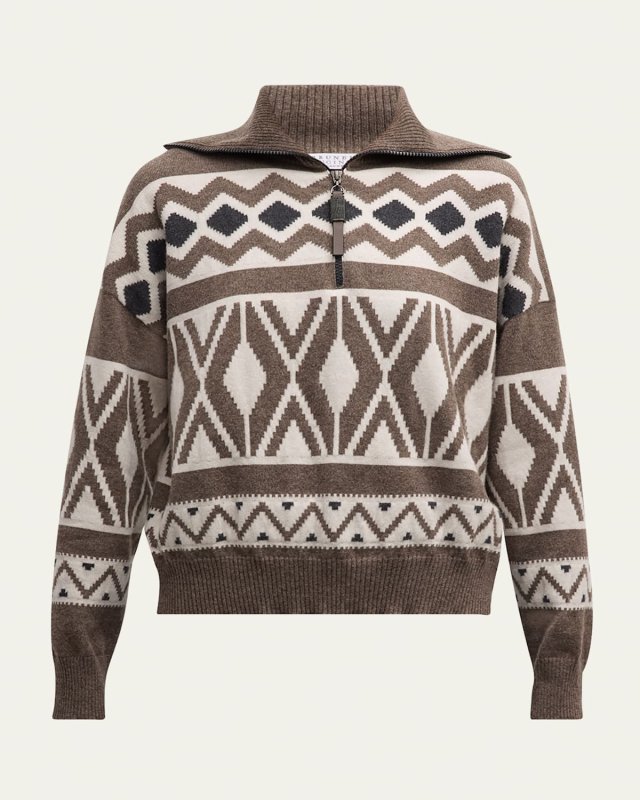 Retro Fairisle Jacquard Cashmere Quarter-Zip Sweater